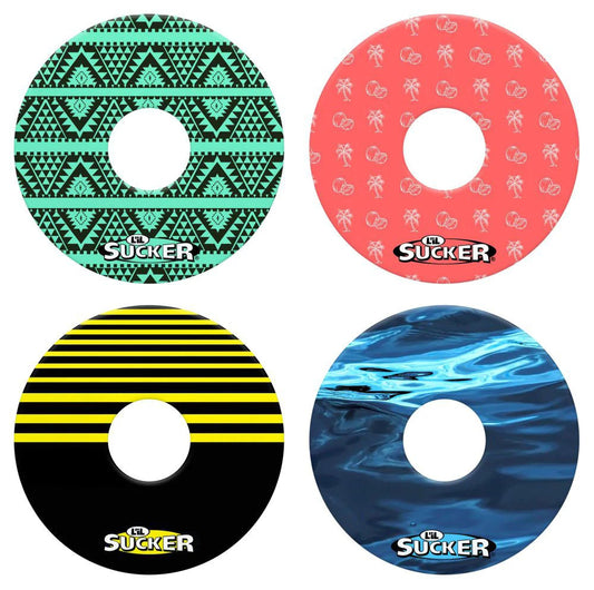A collection of six L'il Sucker drink holders with various colorful designs, including geometric patterns, beach-themed prints, stripes, and floral patterns.